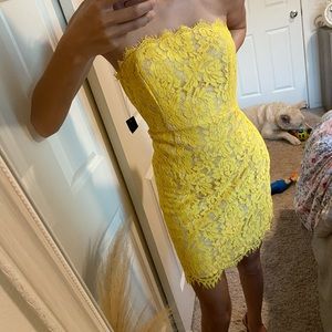 Lulus yellow strapless lace mini dress